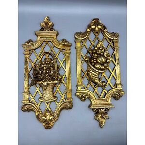 Vtg Dart Gold Wall Decor Plaques Faux Lattice Fruit Flower MCM Hollywood Regency